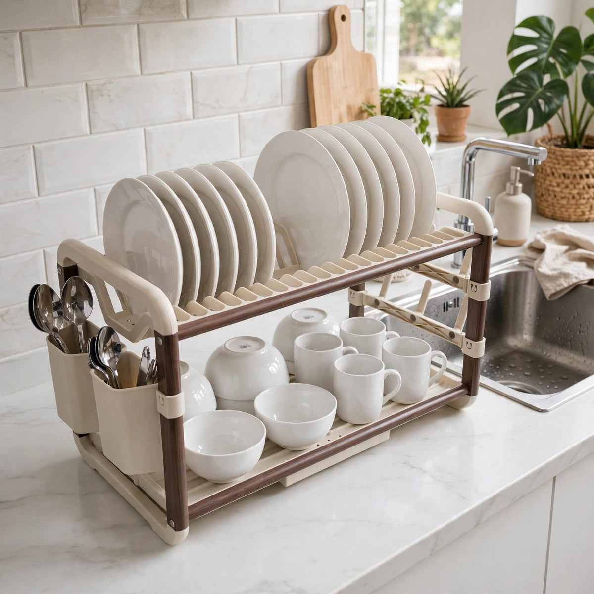 2-Tier Aluminum Dish Drying Rack with Drainer