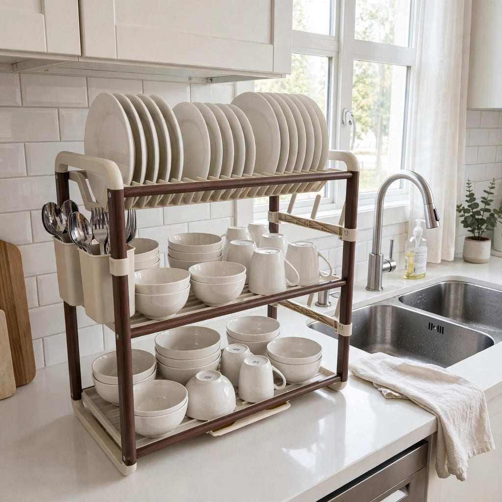 3-Tier Aluminum Dish Drying Rack with Drainer