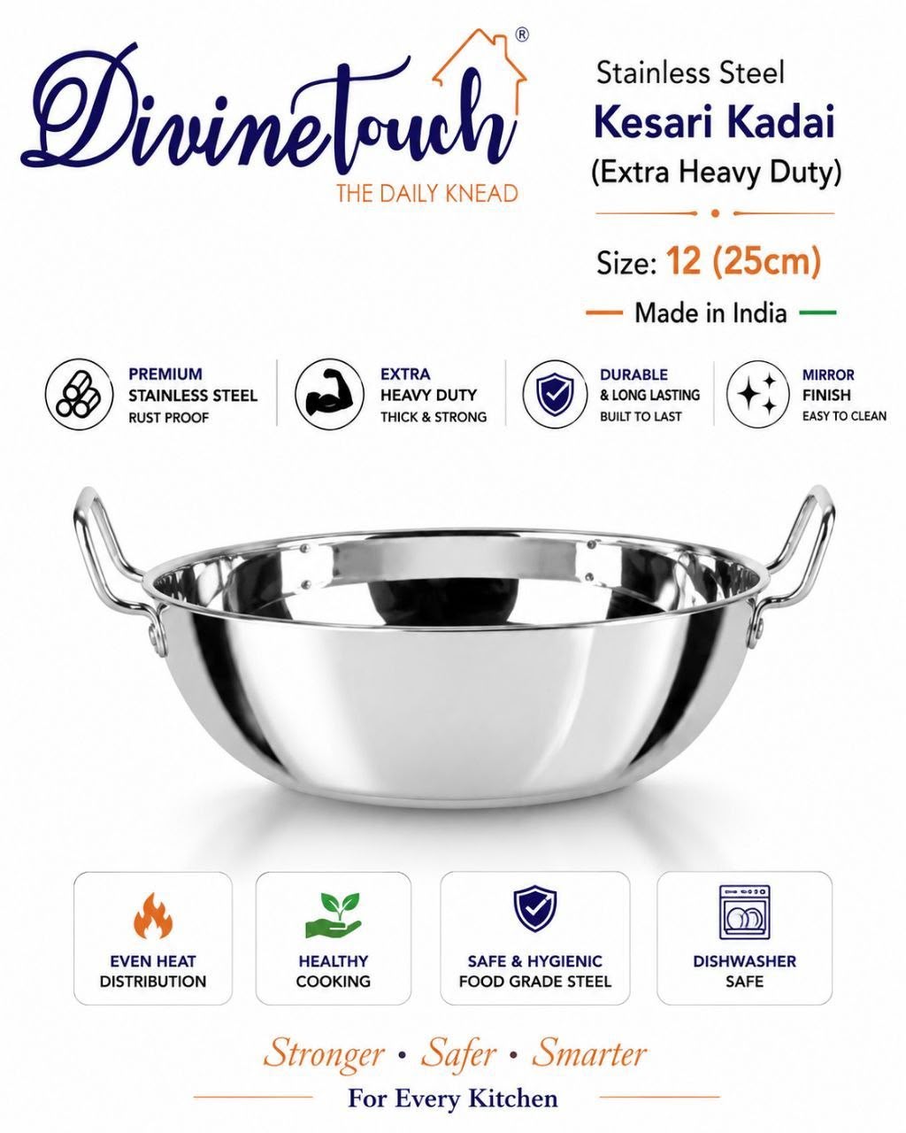 No 12-16 Stainless Steel Extra Heavy Kesari Kadai (25cm,27CM,29CM)